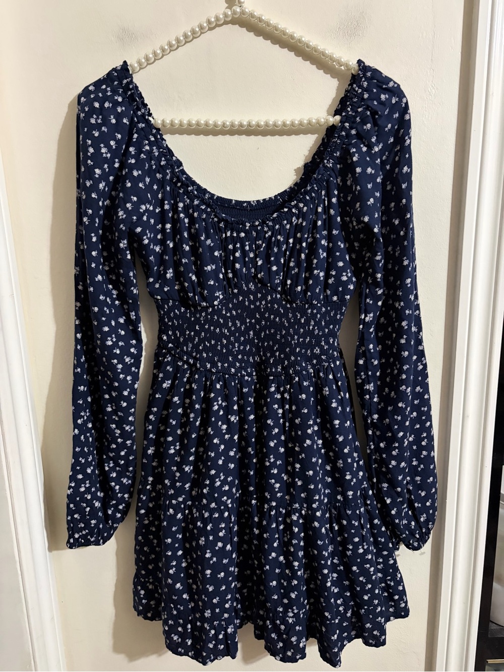 Hollister Navy with White Floral Long-Sleeve Smocked Dress